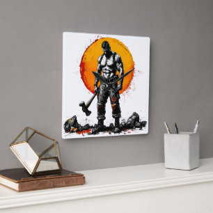 warrior barbarian mediaeval fantasy hummer strengt square wall clock