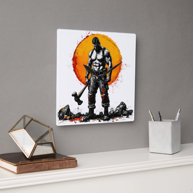 warrior barbarian mediaeval fantasy hummer strengt square wall clock (Office)