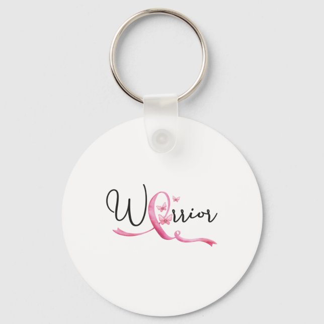 Warrior Breast Cancer Month Butterflies Pink Ribbo Key Ring (Front)