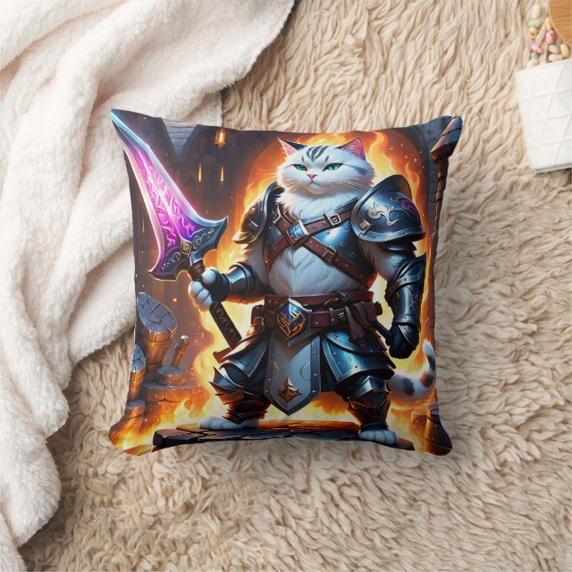 Warrior Cat in Armour With Glowing Sword Cushion (Blanket)