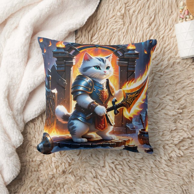 Warrior Cat in Flame-Illuminated Fortress Cushion (Blanket)