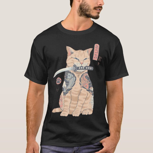 Warrior Cat Samurai Kat Tattoo Art T-Shirt (Front)