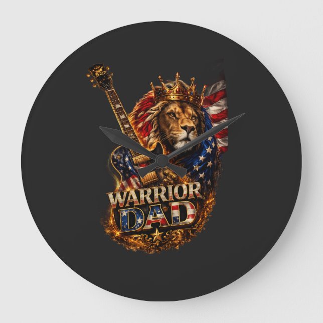 Warrior Dad Lion American Flag Guitar  Large Clock (Front)