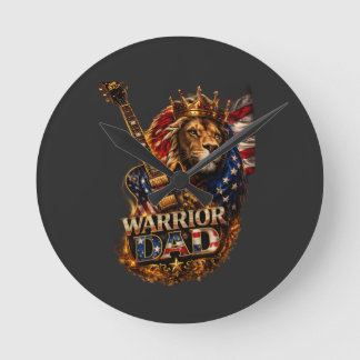 Warrior Dad Lion American Flag Guitar T-Shirt Round Clock