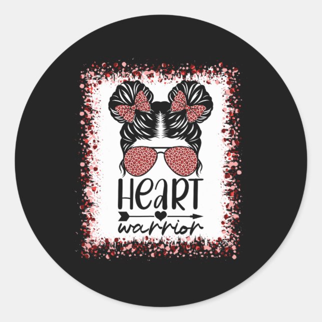 Warrior Messy Bun Leopard Heart Disease Awareness  Classic Round Sticker (Front)