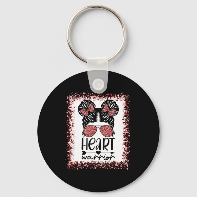 Warrior Messy Bun Leopard Heart Disease Awareness  Key Ring (Front)