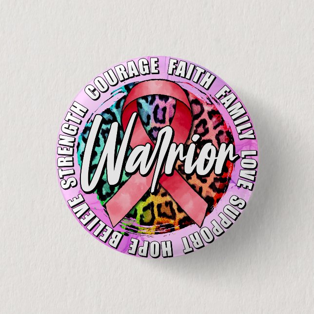 Warrior Pink Ribbon Breast Cancer Awareness Button (Front)