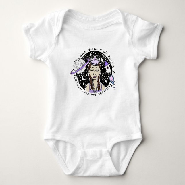 Warrior Princess Doodle Astronaut Feminism & Name Baby Bodysuit (Front)