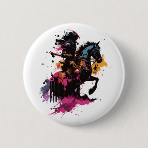Warrior riding horse in watercolor    6 cm round badge
