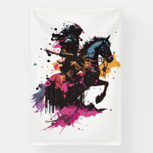 Warrior riding horse in watercolor banner