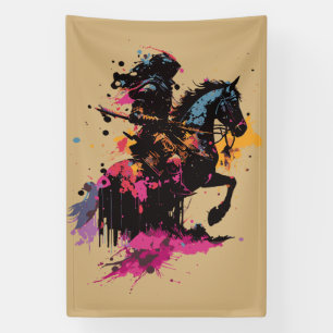 Warrior riding horse in watercolor banner