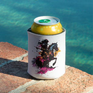 Warrior riding horse in watercolor can cooler