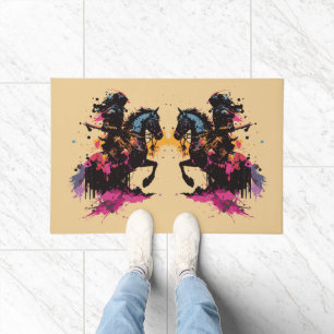 Warrior riding horse in watercolor doormat