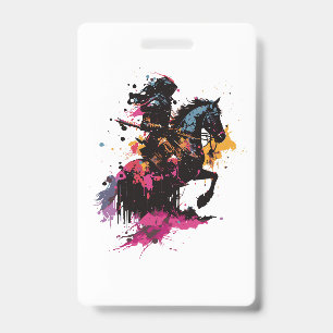 Warrior riding horse in watercolor ID badge