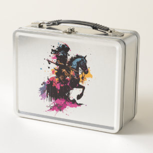 Warrior riding horse in watercolor metal lunch box