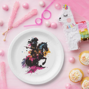 Warrior riding horse in watercolor      paper plate