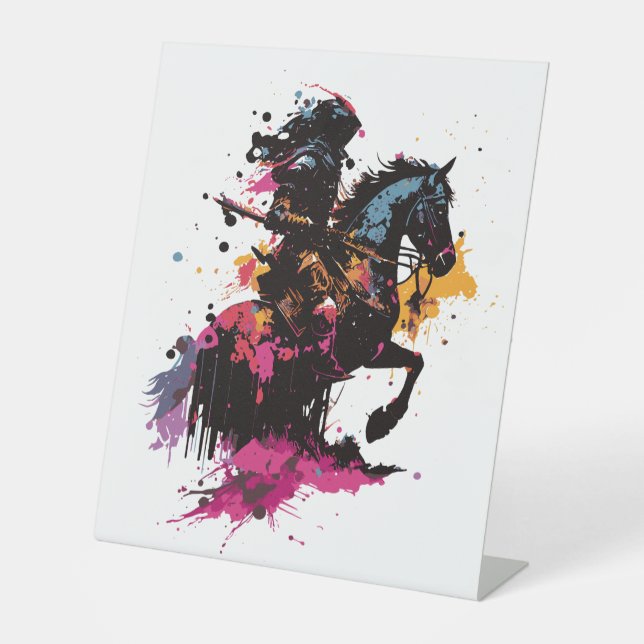 Warrior riding horse in watercolor        pedestal sign (Front)