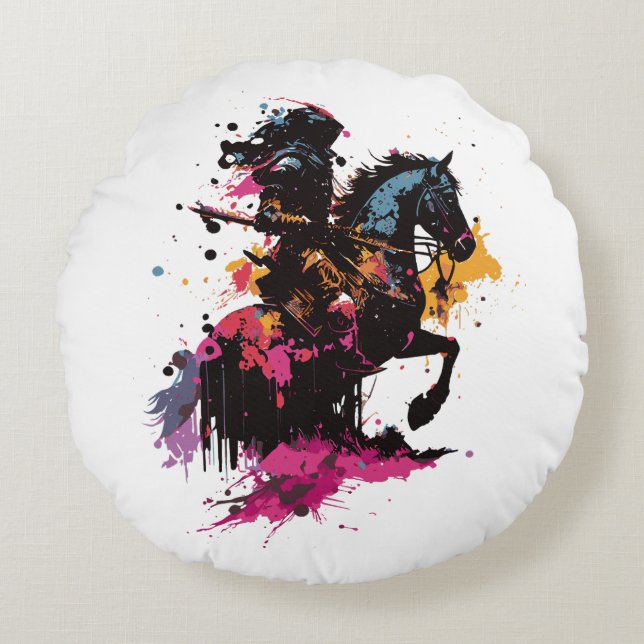 Warrior riding horse in watercolor          round  cushion (Front)