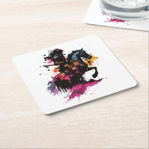 Warrior riding horse in watercolor square paper coaster