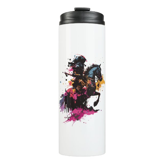 Warrior riding horse in watercolor     thermal tumbler (Front)
