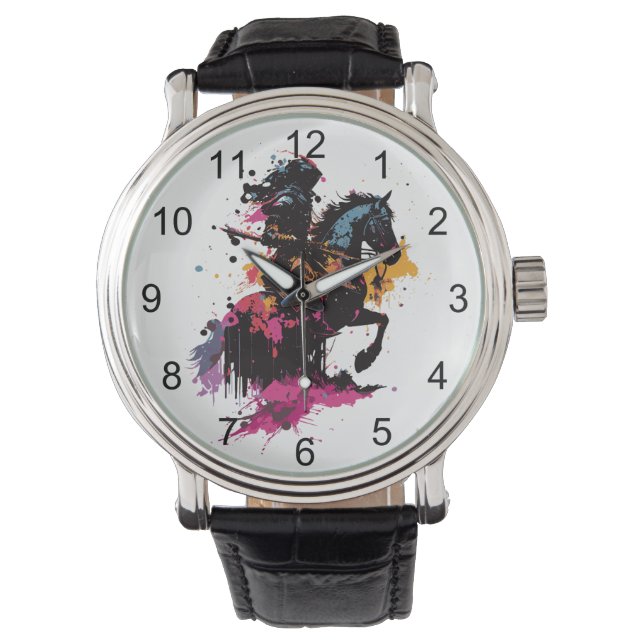 Warrior riding horse in watercolor       watch (Front)