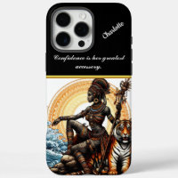 Warrior woman with a tiger by the ocean at sunset