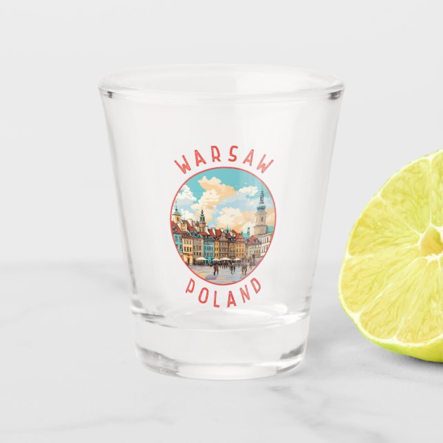 Warsaw Poland Retro Distressed Circle Shot Glass (Front)