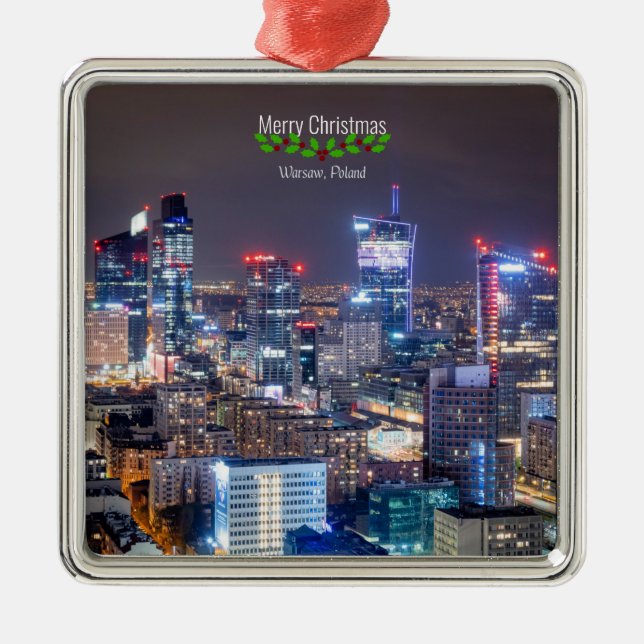 Warsaw, Poland skyline, Merry Christmas, Metal Tree Decoration (Front)