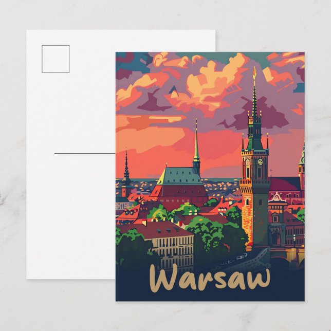 Warsaw Poland Vintage Retro Travel Illustration Postcard (Front/Back)