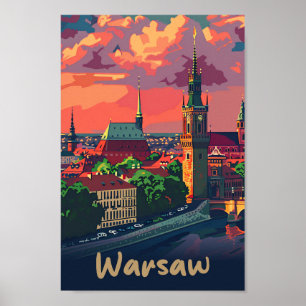 Warsaw Poland Vintage Retro Travel Illustration Poster