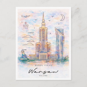 Warsaw Skyline Watercolor Poland Cityscape Holiday Postcard