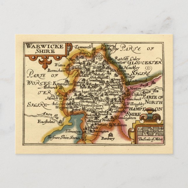 Warwickshire County England Old Antiquarian Map Postcard (Front)