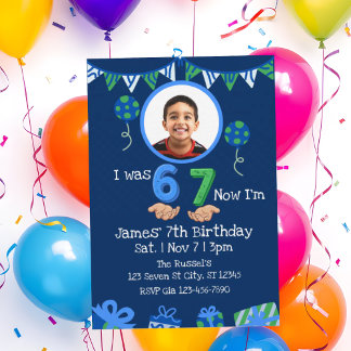Was 6 Now 7, Blue Green Picture 7th Birthday Invitation
