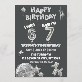 Was 6 Now 7, Silver Balloon 7th Birthday Invitation