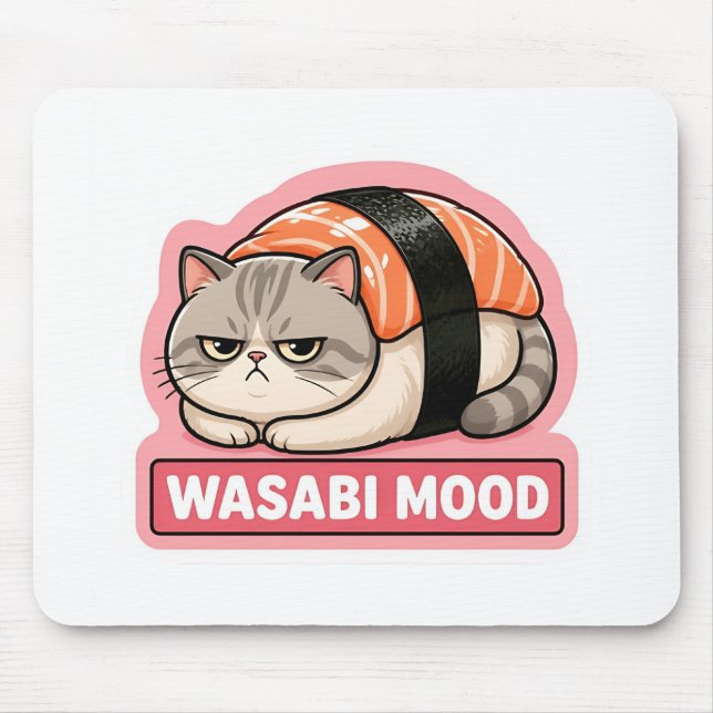 Wasabi Mood Funny Grumpy Cat Sushi Meme Mouse Pad (Front)