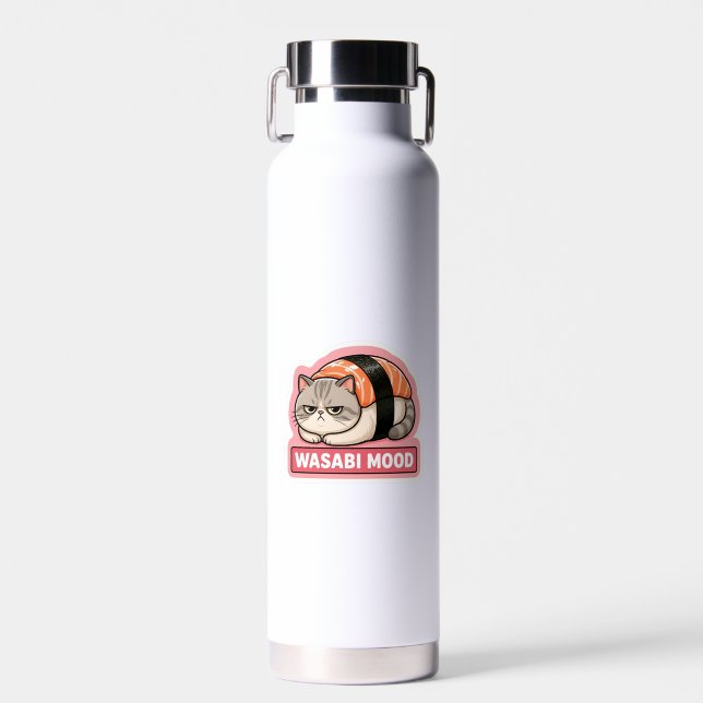 Wasabi Mood Funny Grumpy Cat Sushi Meme Water Bottle (Front)