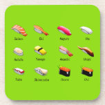 Wasabi sushi Japanese cute food Coaster<br><div class="desc">Cute Japanese sushi theme with a chart of different sushi types. Colorful and fun Japanese food design with wasabi green background on some products. Quirky Japanese kawaii fun.</div>