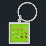 Wasabi sushi Japanese cute food Key Ring<br><div class="desc">Cute Japanese sushi theme with a chart of different sushi types. Colourful and fun Japanese food design with wasabi green background on some products. Quirky Japanese kawaii fun.</div>