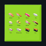 Wasabi sushi Japanese cute food Magnet<br><div class="desc">Cute Japanese sushi theme with a chart of different sushi types. Colorful and fun Japanese food design with wasabi green background on some products. Quirky Japanese kawaii fun.</div>