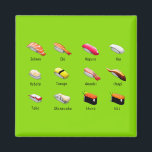 Wasabi sushi Japanese cute food Magnet<br><div class="desc">Cute Japanese sushi theme with a chart of different sushi types. Colorful and fun Japanese food design with wasabi green background on some products. Quirky Japanese kawaii fun.</div>