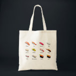 Wasabi sushi Japanese cute food Tote Bag<br><div class="desc">Cute Japanese sushi theme with a chart of different sushi types. Colourful and fun Japanese food design with wasabi green background on some products. Quirky Japanese kawaii fun.</div>
