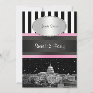 Wash DC Skyline Bk Wht Strp Pink Sweet 16 Party Invitation