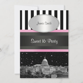 Wash DC Skyline Bk Wht Strp Pink Sweet 16 Party Invitation