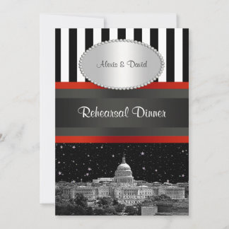 Wash DC Skyline Blk Wht Strp P Rehearsal Dinner Invitation