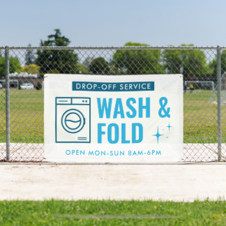 Wash & Fold Service Laundry Dry Cleaner Blue White Banner