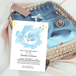 Wash Watercolor Over the Moon Baby Shower  Invitation