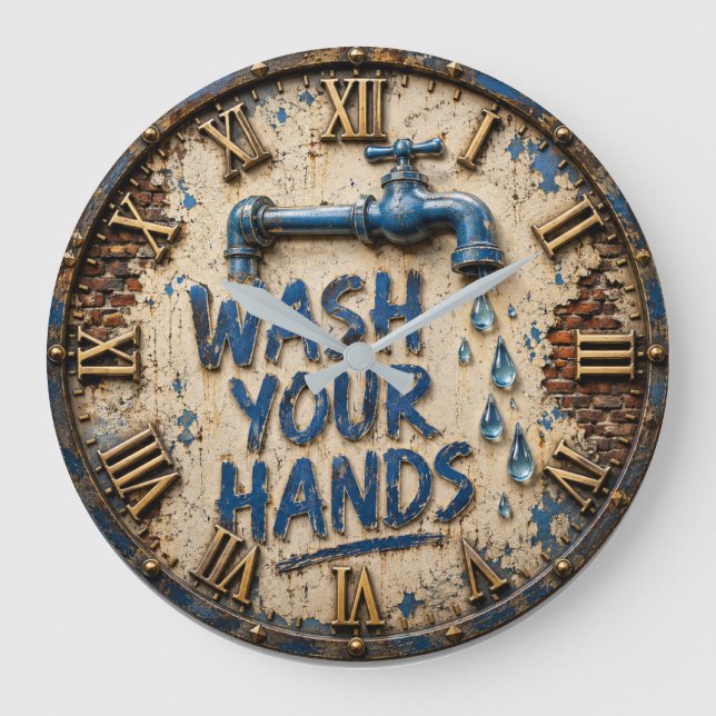 Wash Your Hands Bathroom Rustic Farmhouse  Large Clock (Front)