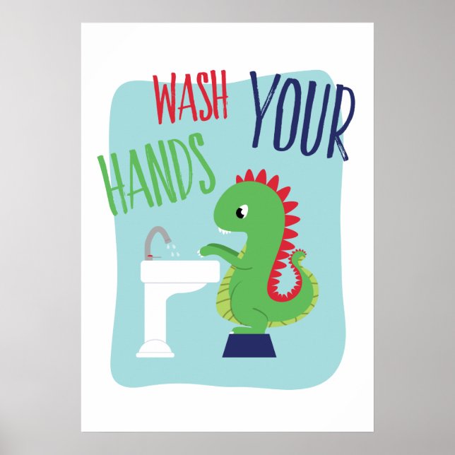 Wash Your Hands | Dino Bathroom Art Poster (Front)