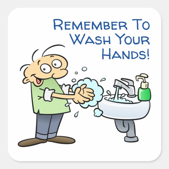 Wash Your Hands Hygiene Reminder Cartoon Square Sticker (Front)