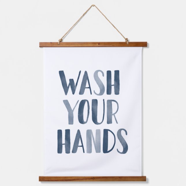 Wash Your Hands Navy Blue Kids Bathroom Hanging Tapestry (Front)